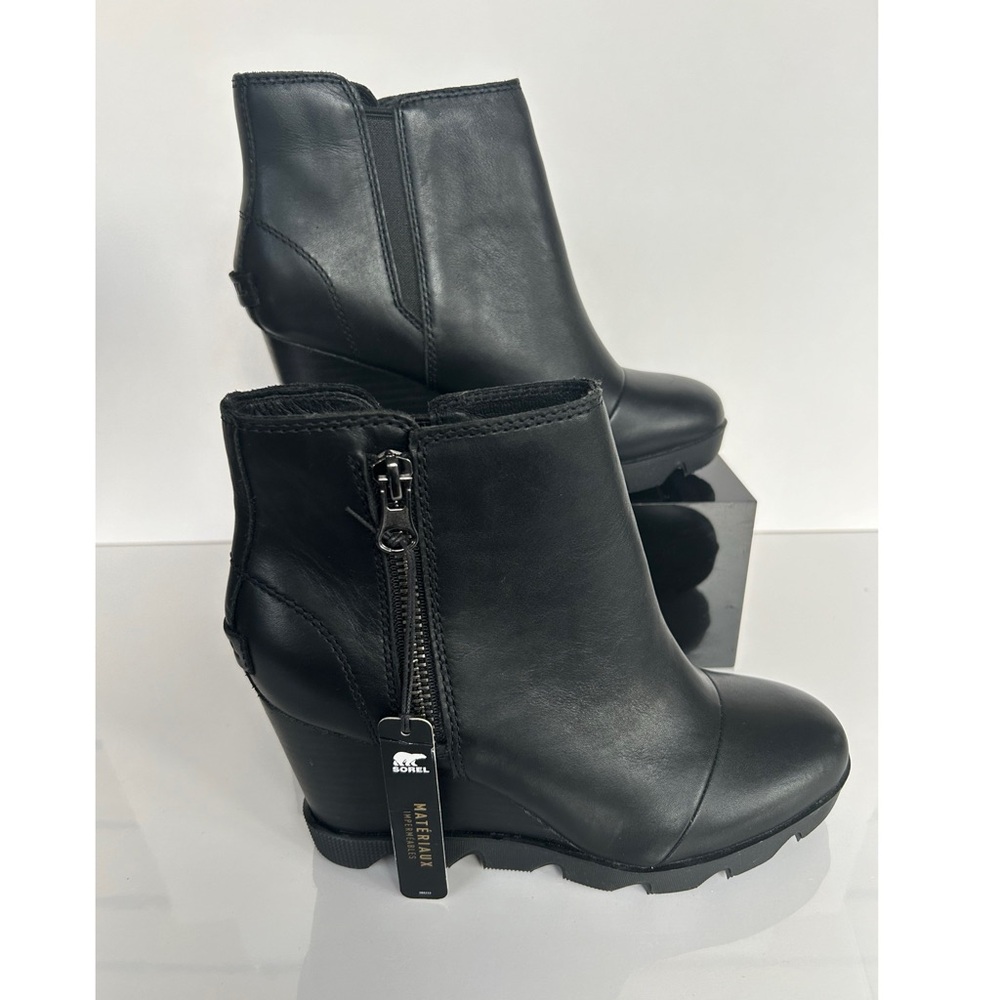 Black Sorel Joan of  Artic Wedge Chelsea Bootie With Side Zipper.